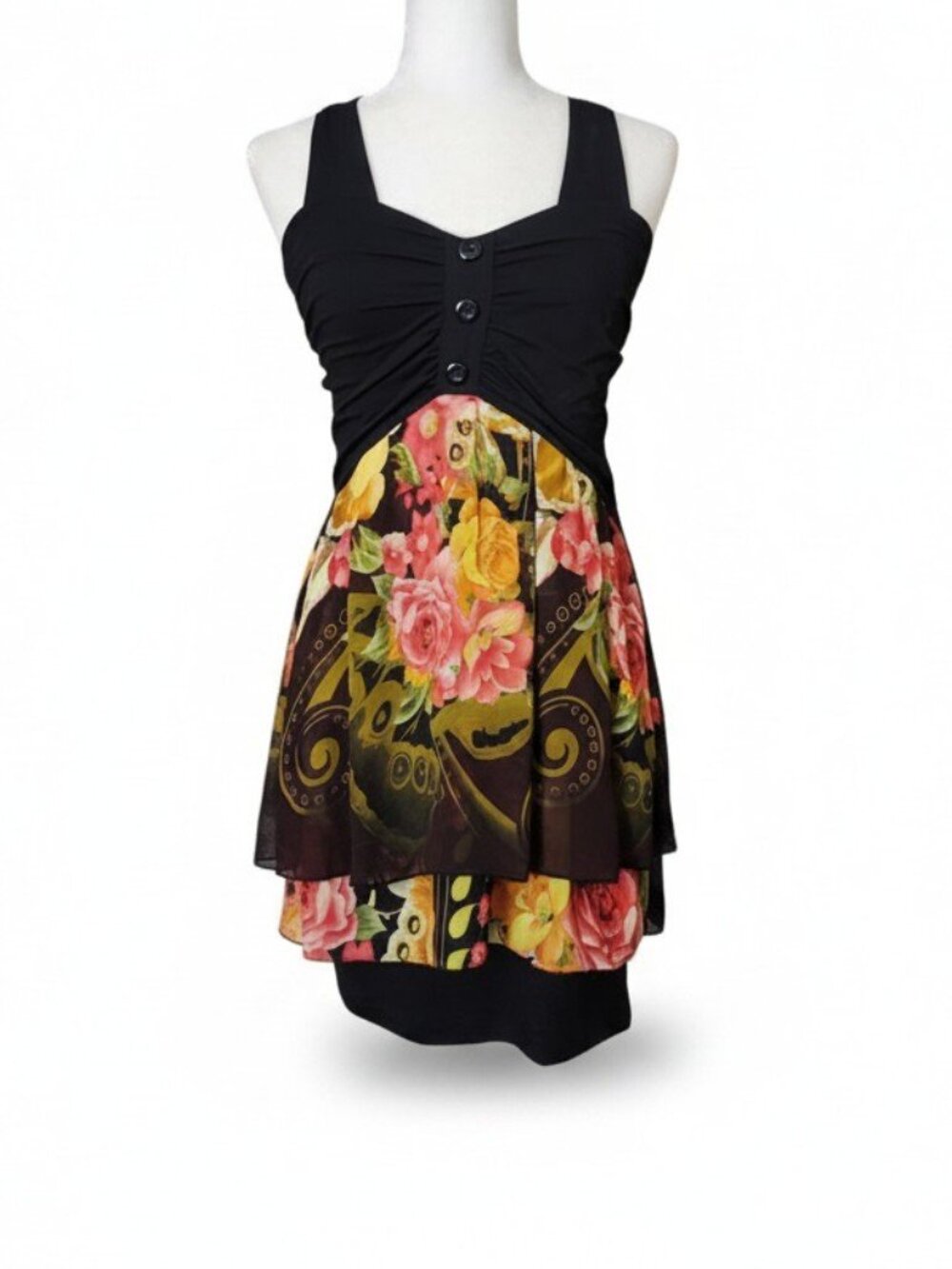 Pinky Black Bodice with Multicolor Floral Midi Dress Large